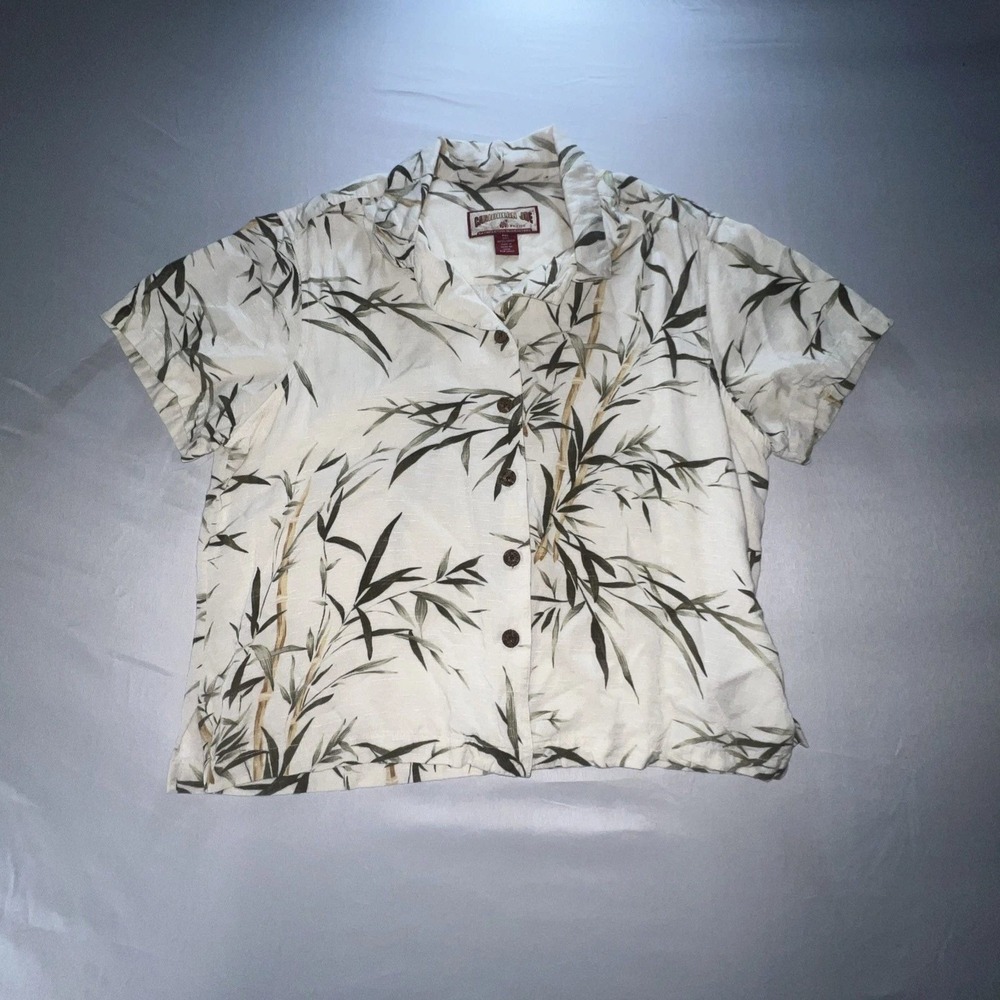 Caribbean Joe Womens PXL Petite Rayon Bamboo Print Short Sleeve Button Up Shirt